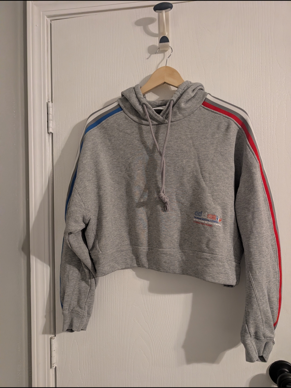 adidas Grey Cropped Hoodie with Red & Blue Shoulder Stripes